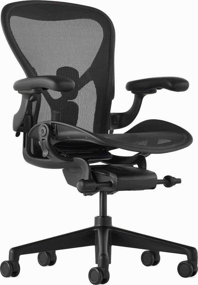 Ergonomic office chair with mesh back, adjustable armrests, and rolling wheels for comfortable workspace seating.