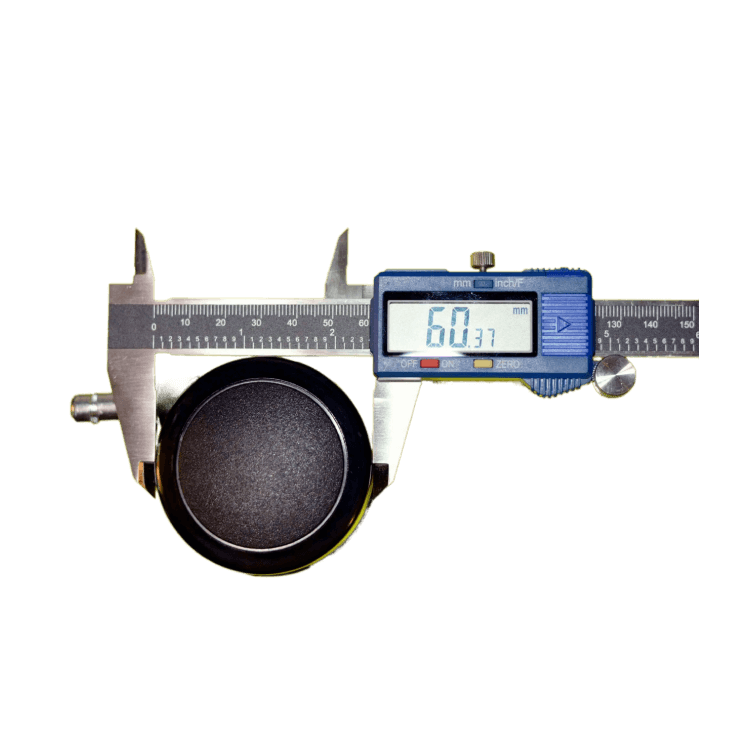 Digital caliper measuring 60.37mm black circular object on white background.